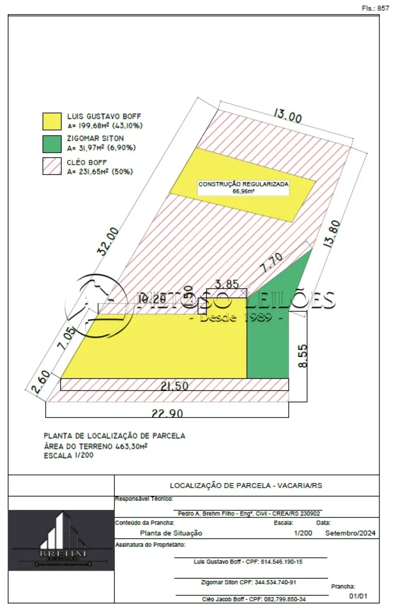 LOTE 004 - VACARIA/RS - A QUOTA IDEAL EQUIVALENTE A 50% (CINQUENTA POR CENTO), 231,65M² DE PROPRIEDADE DE CLÉO JACOB BOFF DE UM TERRENO URBANO, NESTA CIDADE, LOCALIZADO NA RUA PROGRESSO, Nº 113.