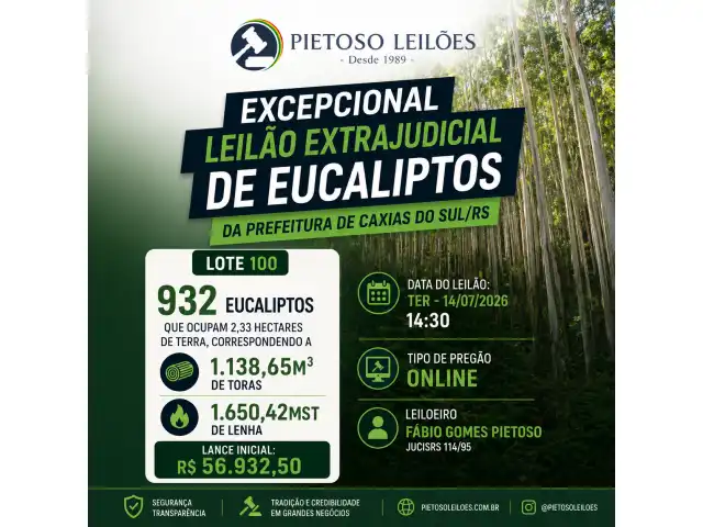EXCEPCIONAL LEILÃO EXTRAJUDICIAL DE EUCALIPTOS DA PREFEITURA DE CAXIAS DO SUL/RS