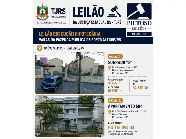 LEILÃO EXECUÇÃO HIPOTECÁRIA - VARAS DA FAZENDA PÚBLICA DE PORTO ALEGRE/RS
