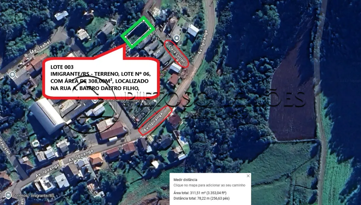 LOTE 003 - IMIGRANTE/RS - TERRENO, LOTE Nº 06, COM ÁREA DE 308,00M², LOCALIZADO NA RUA A, BAIRRO DALTRO FILHO,