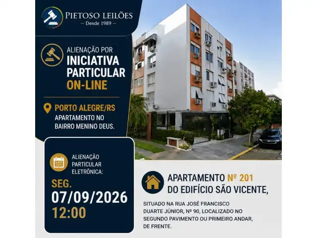 ALIENAÇÃO POR INICIATIVA PARTICULAR ON-LINE - PORTO ALEGRE/RS - APARTAMENTO NO BAIRRO MENINO DEUS.