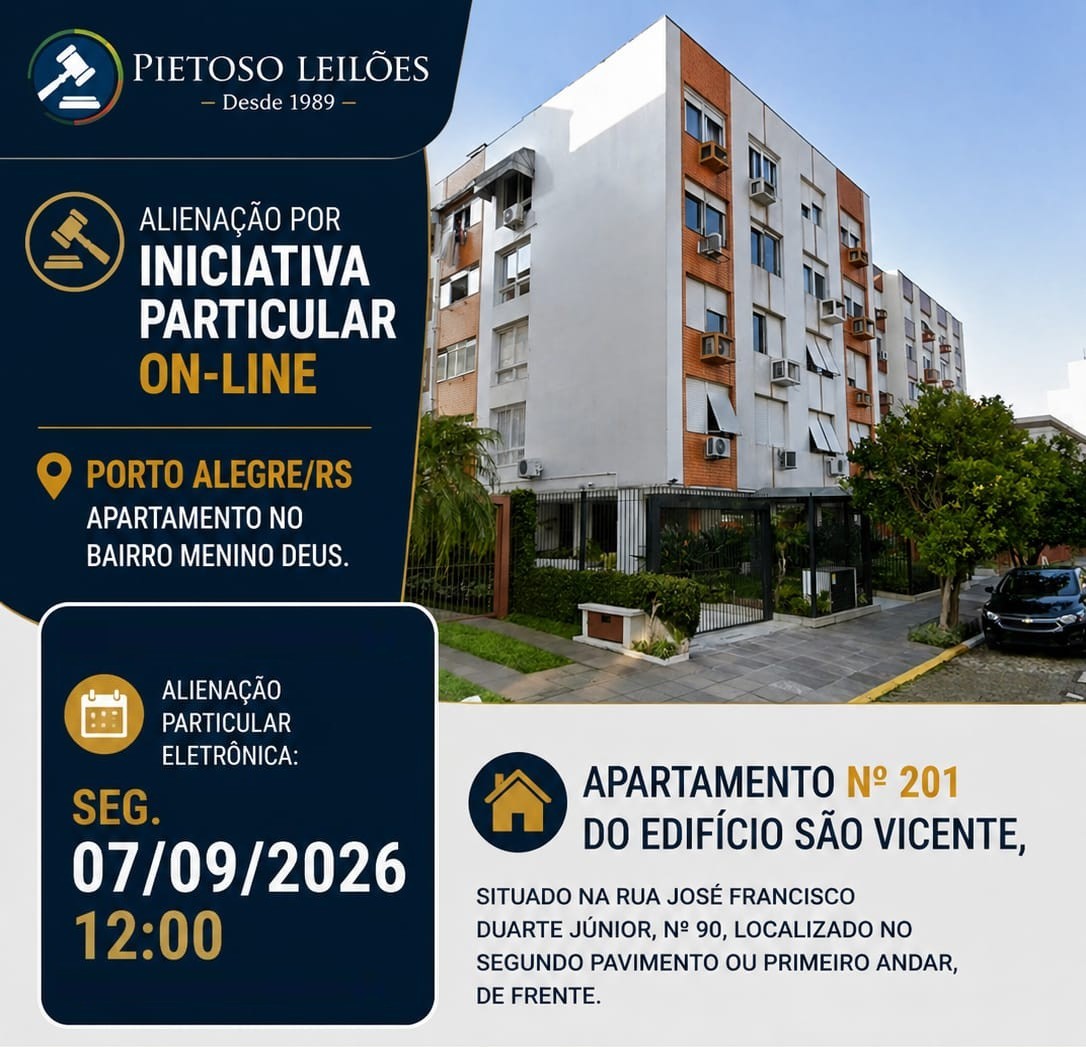 ALIENAÇÃO POR INICIATIVA PARTICULAR ON-LINE - PORTO ALEGRE/RS - APARTAMENTO NO BAIRRO MENINO DEUS.